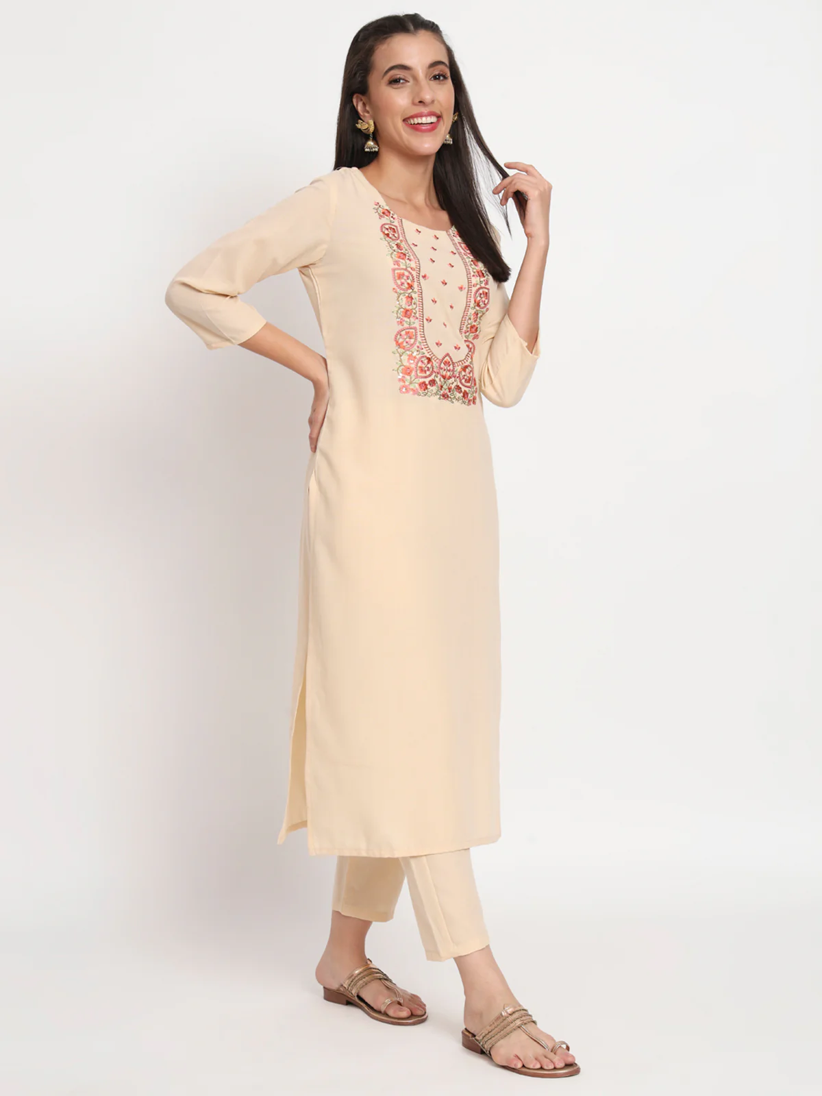 Odette Women Beige Cotton Blend Embroidered Stitched Kurta Set - Image 3