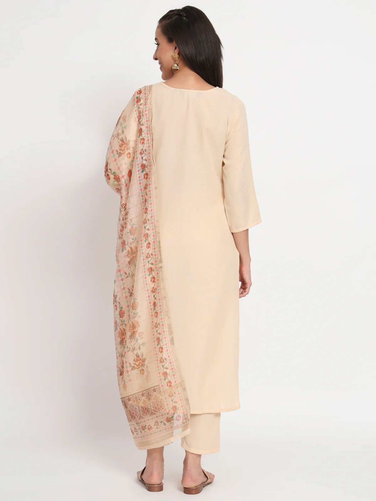 Odette Women Beige Cotton Blend Embroidered Stitched Kurta Set - Image 4