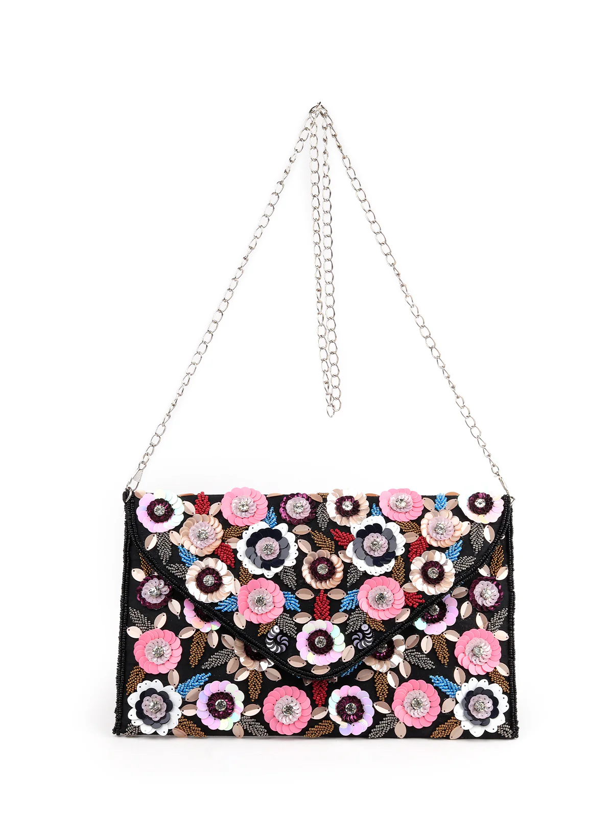 Odette Women Black Multicolour Floral Sequin Clutch - Image 3