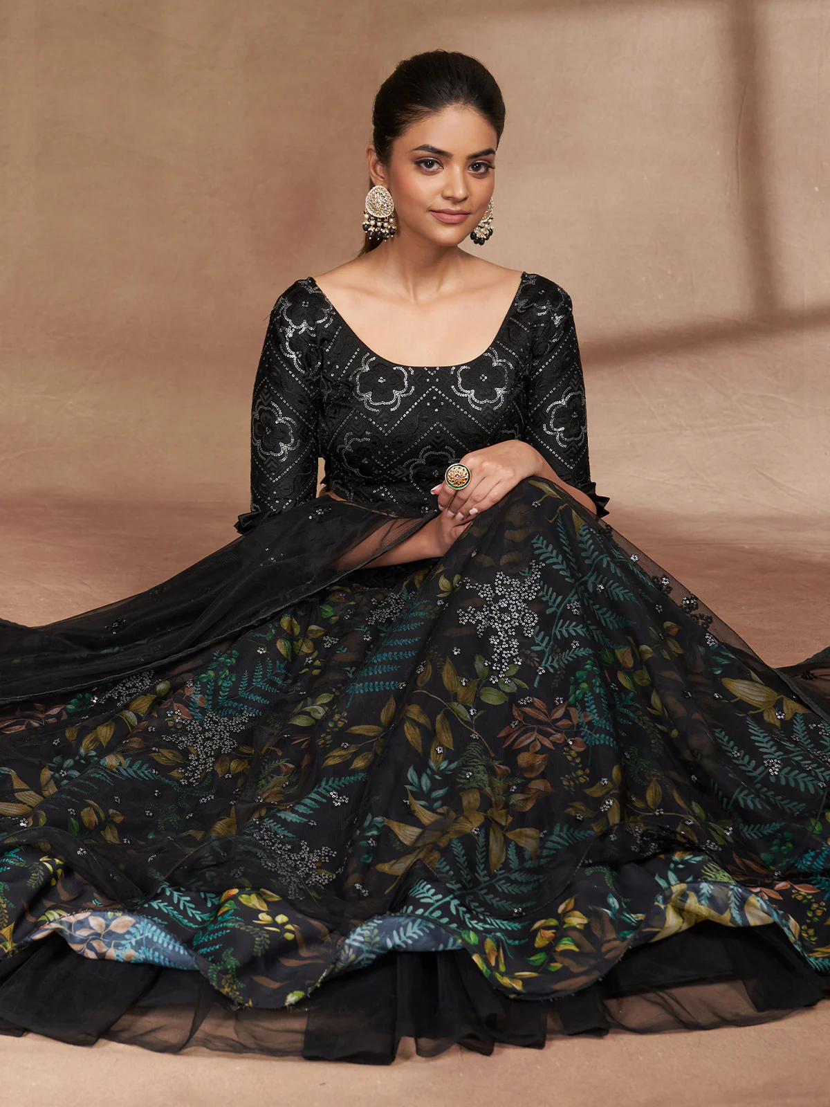 Odette Women Black Net Print With Sequins Semi Stitched Lehenga Choli - Image 4