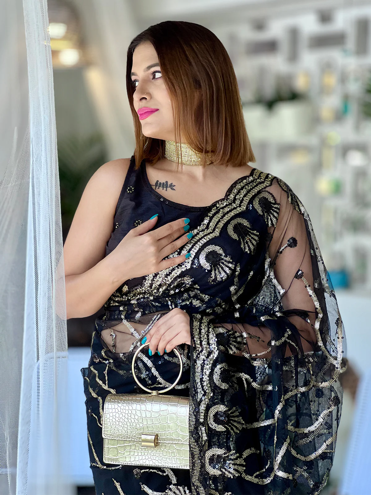 Odette Women Black Net Sequins Saree With Stitched Blouse - Image 3