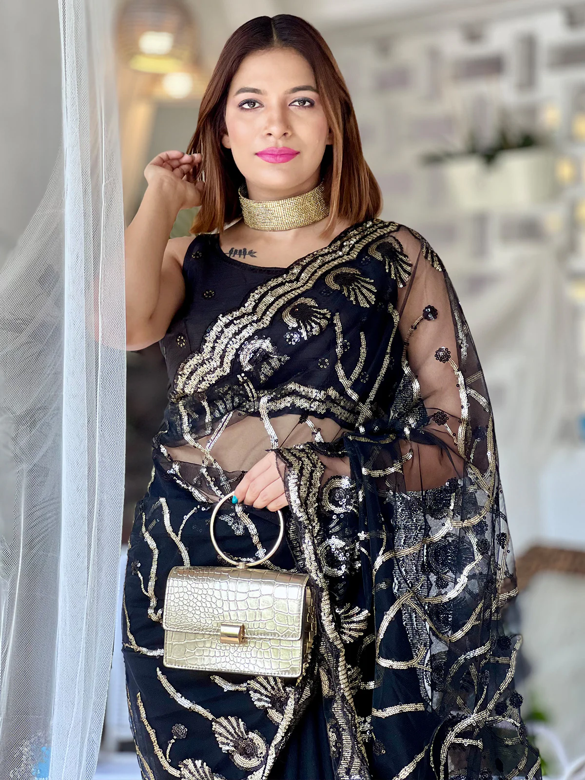 Odette Women Black Net Sequins Saree With Stitched Blouse - Image 4