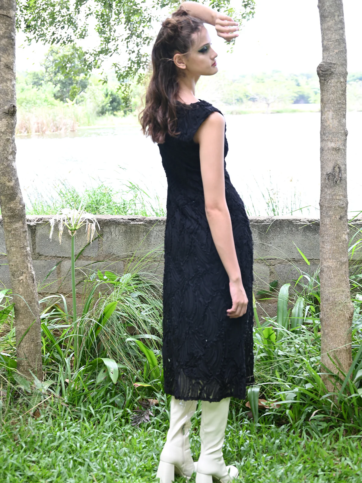 Odette Women Black Net With Applic Work Stitched Dress - Image 4