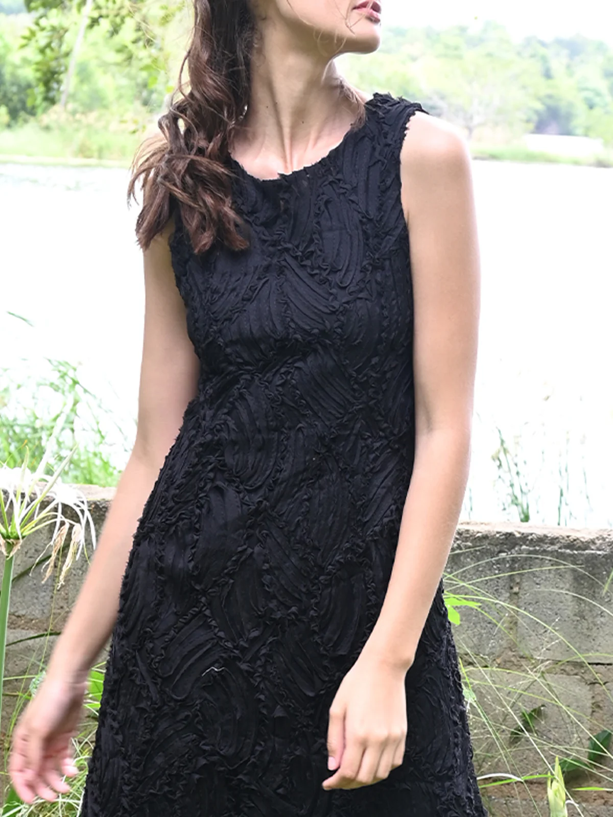 Odette Women Black Net With Applic Work Stitched Dress - Image 5