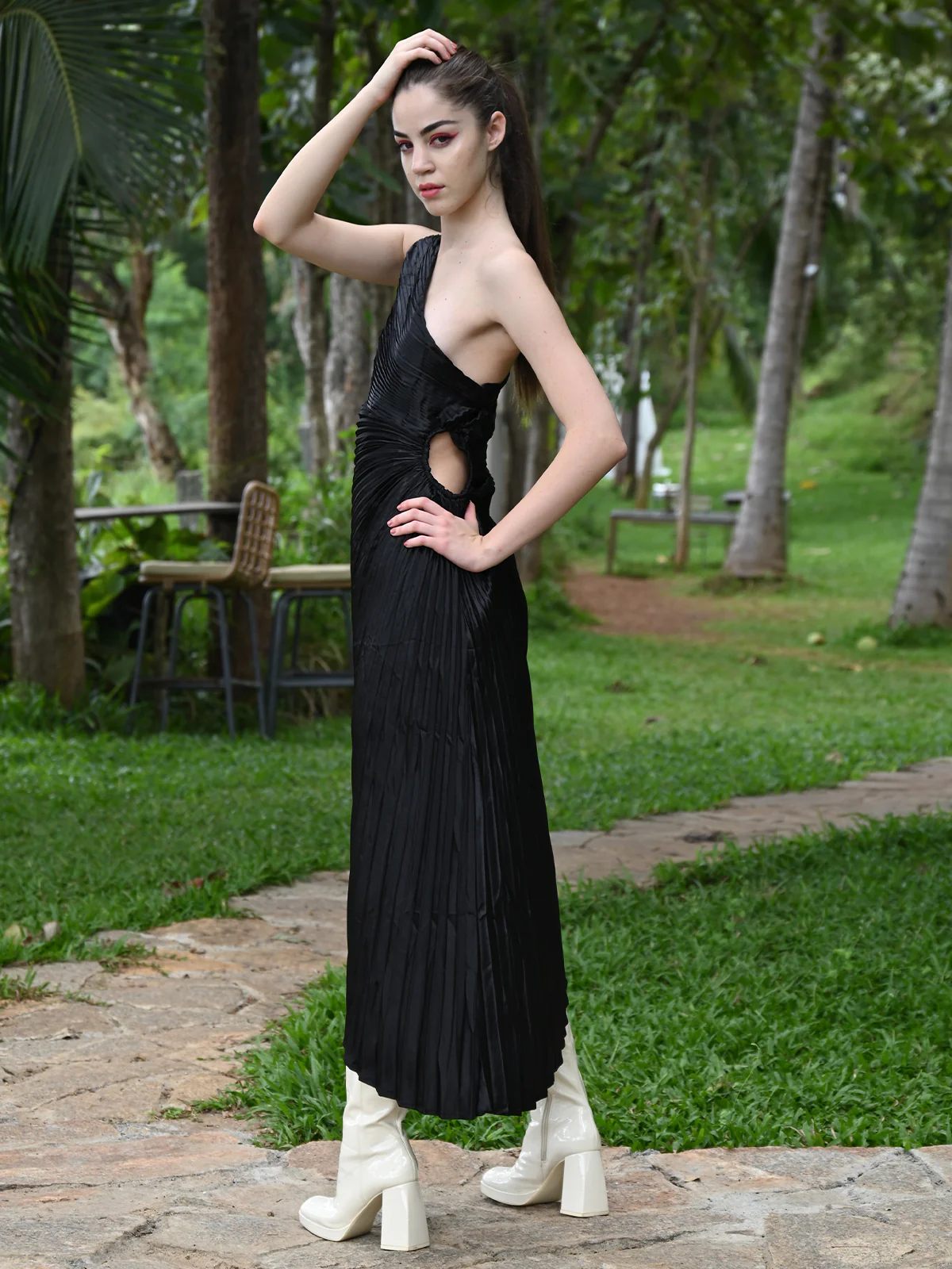 Odette Women Black Pleated Satin Solid One-Shoulder Dress - Image 3