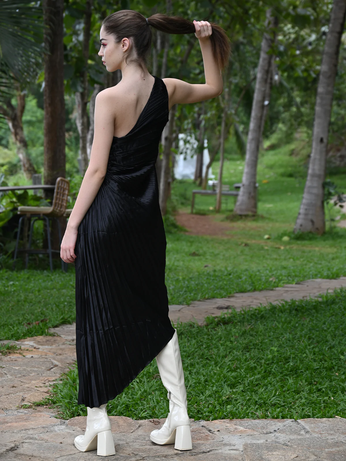 Odette Women Black Pleated Satin Solid One-Shoulder Dress - Image 4