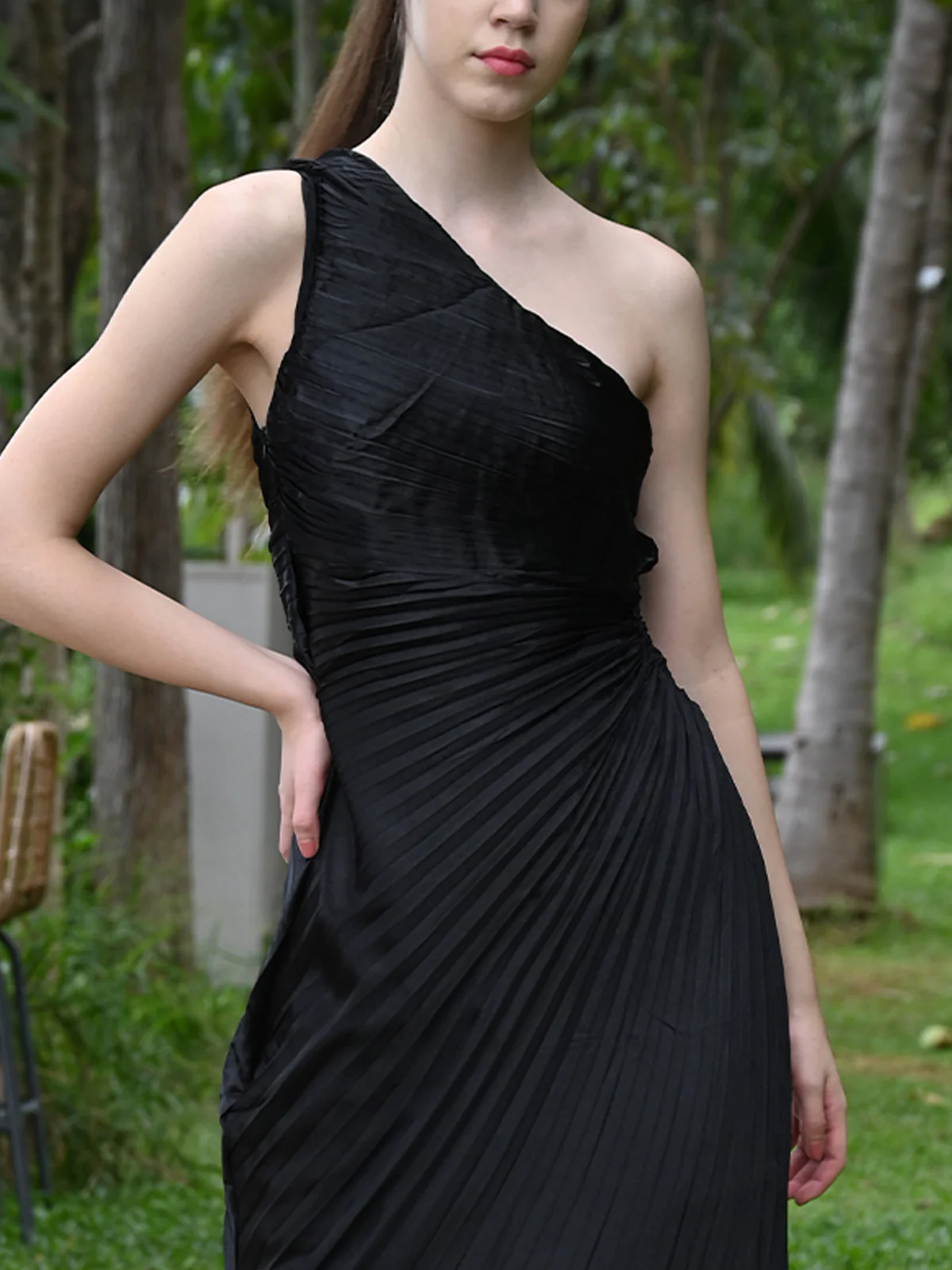 Odette Women Black Pleated Satin Solid One-Shoulder Dress - Image 5