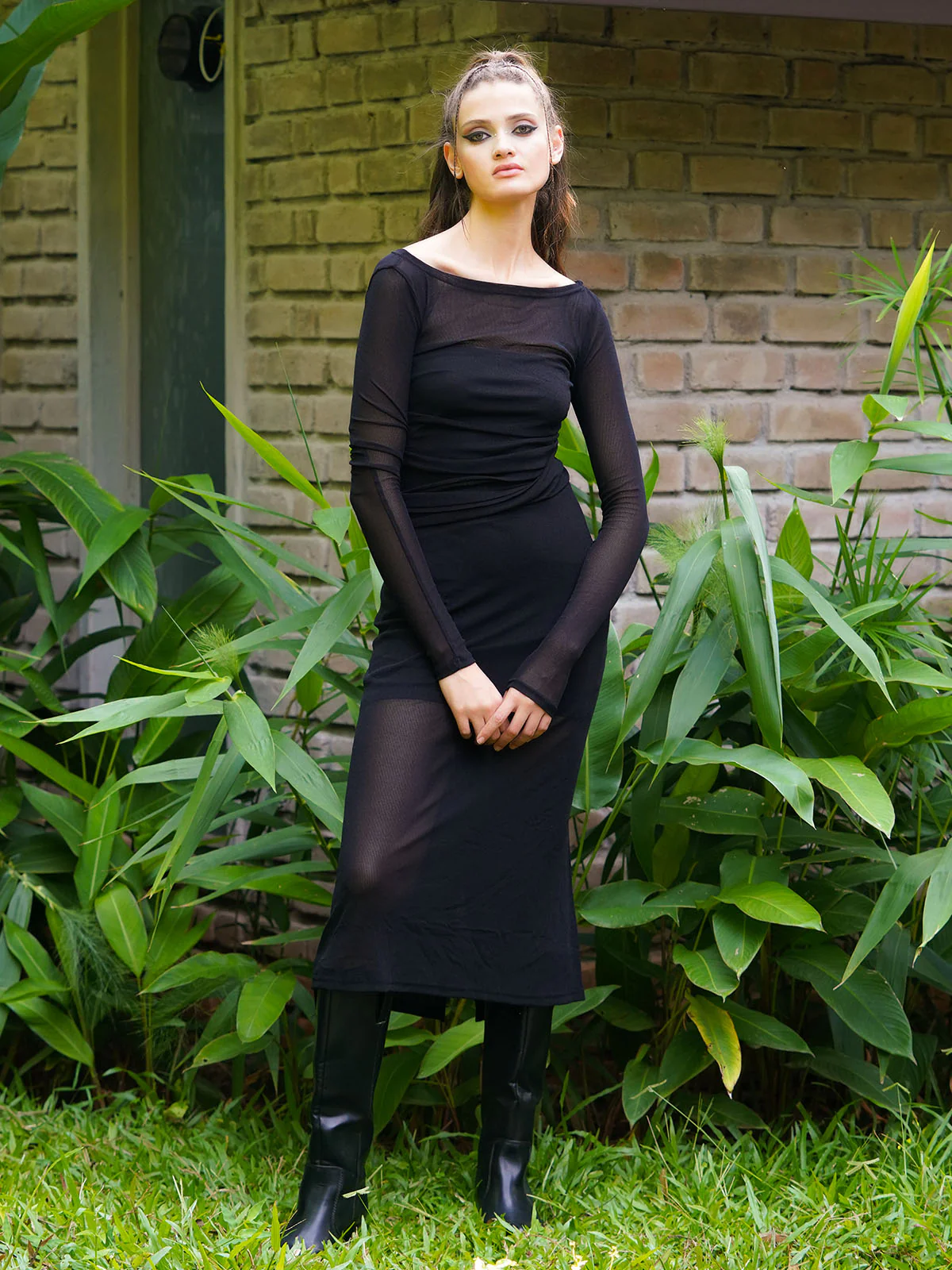 Odette Women Black Polyester Gauze Lycra Stitched Dress - Image 2