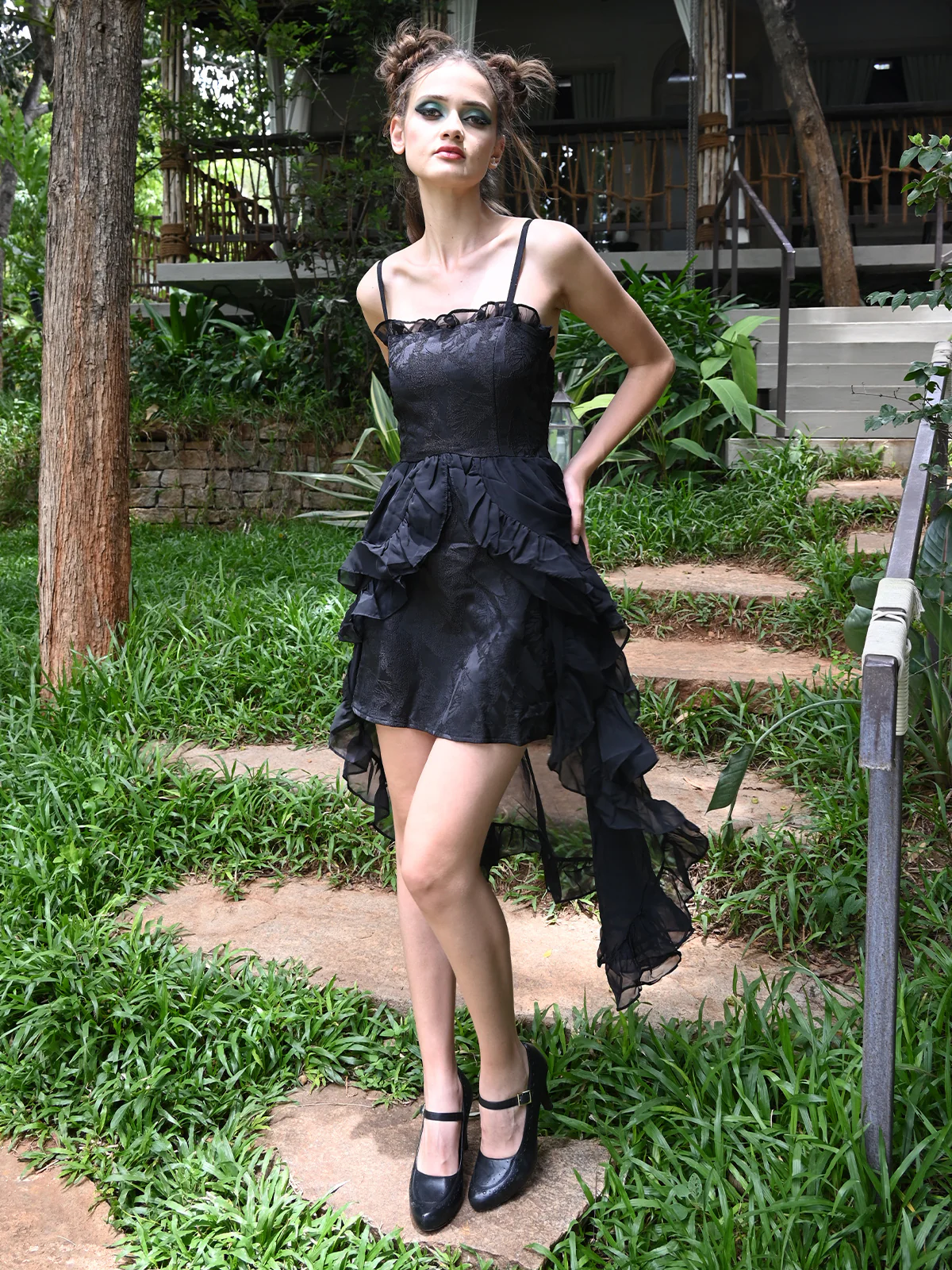 Odette Women Black Polyester Georgette Solid Stitched Dress - Image 2