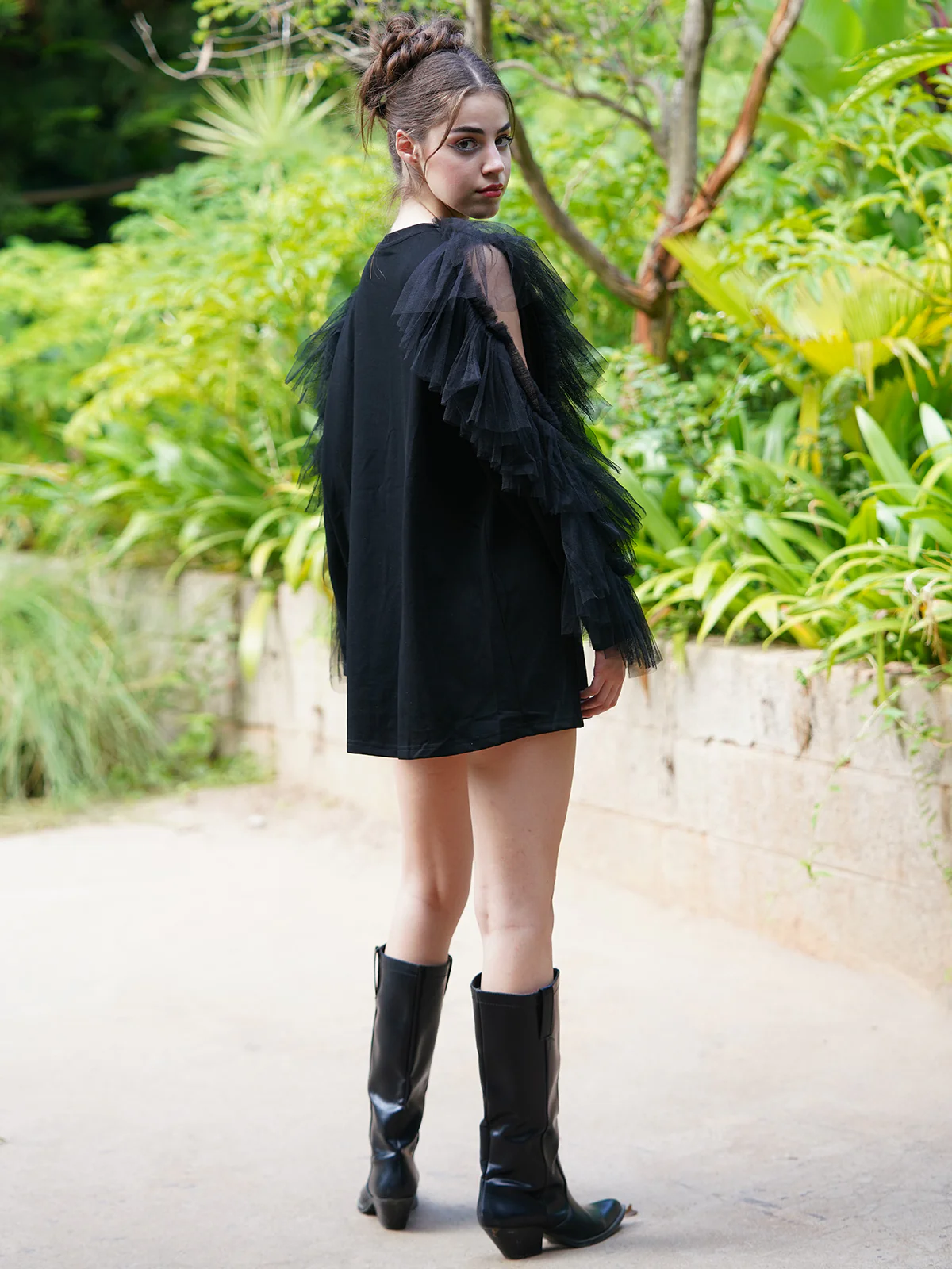 Odette Women Black Polyester Lycra With Net Ruffles Short Dress - Image 3