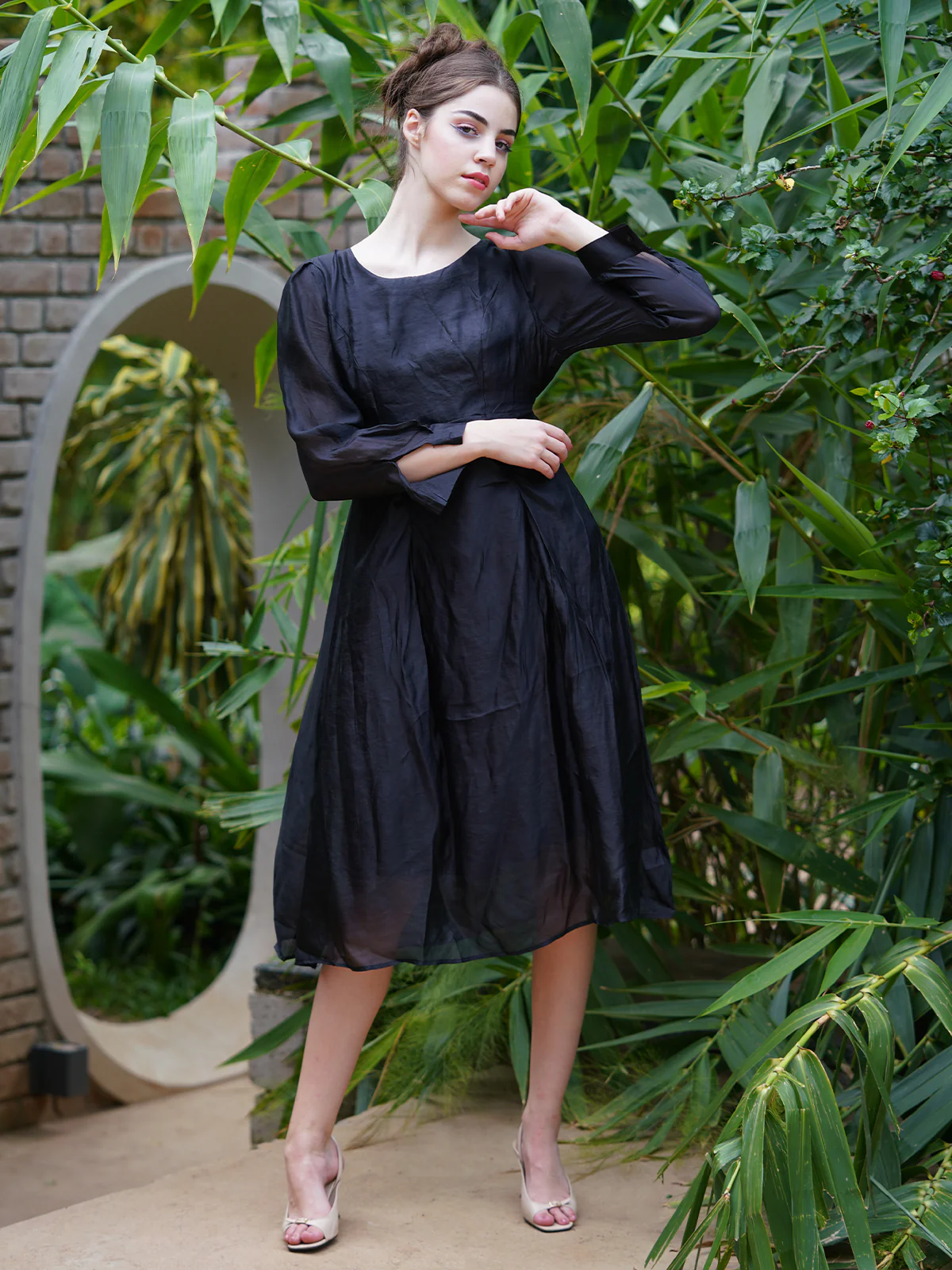 Odette Women Black Polyester Voil Solid Stitched Dress