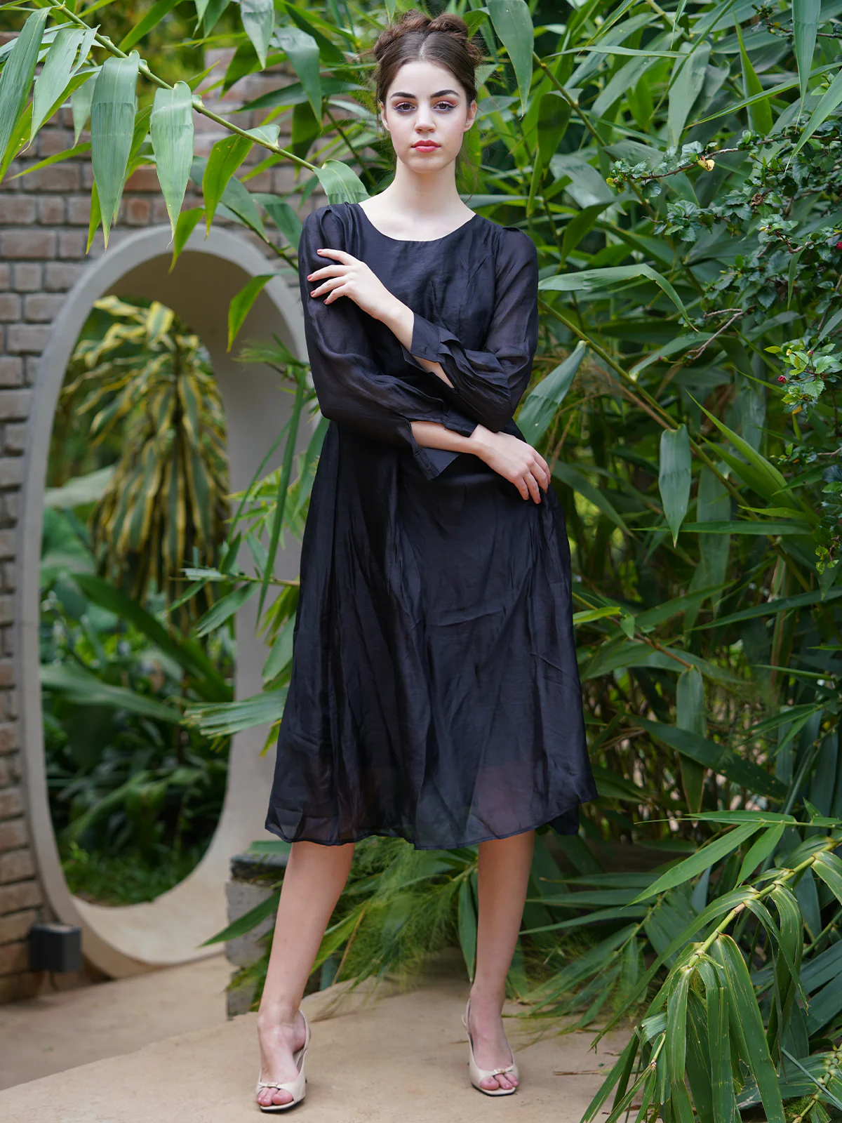 Odette Women Black Polyester Voil Solid Stitched Dress - Image 2