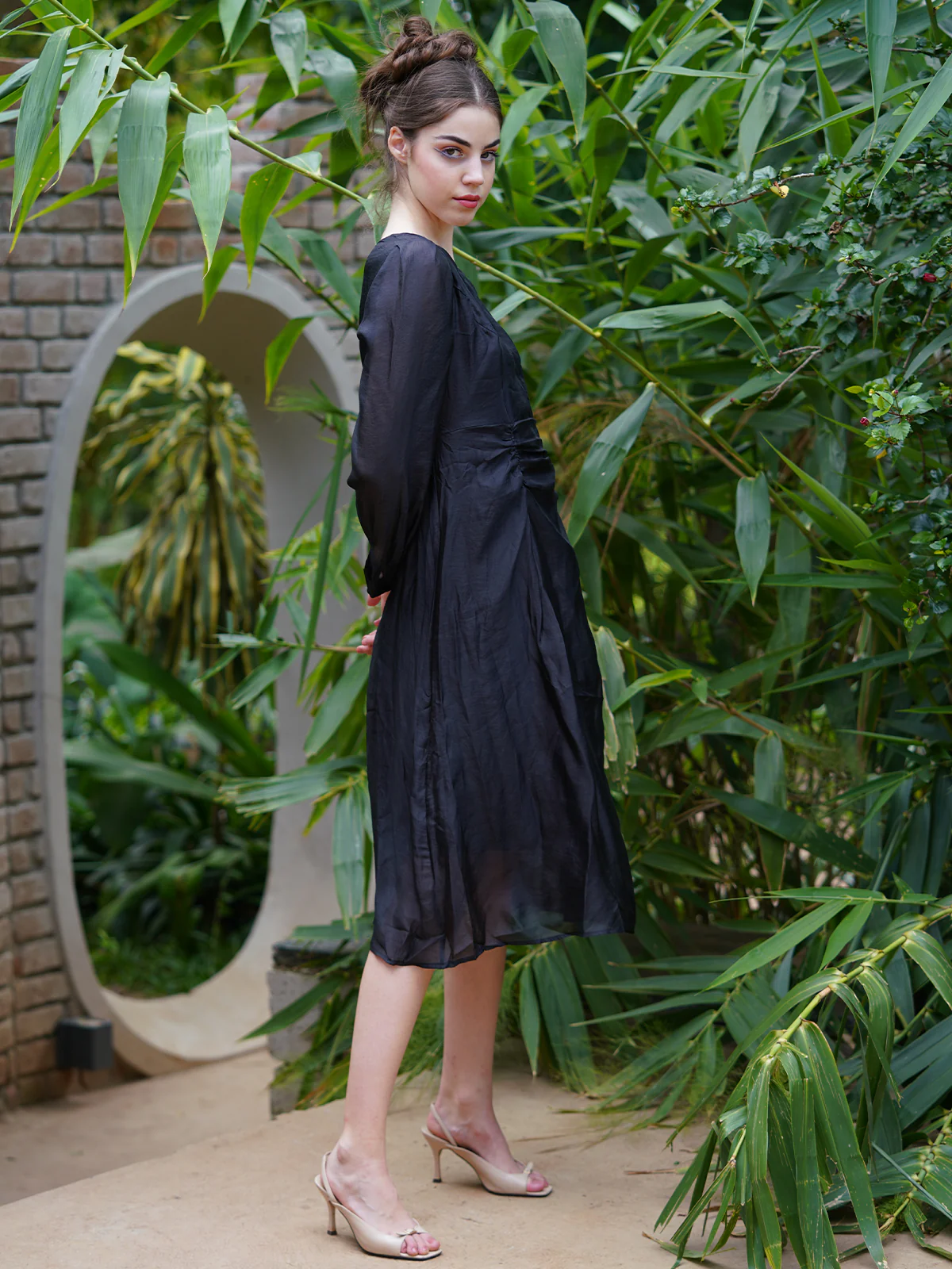 Odette Women Black Polyester Voil Solid Stitched Dress - Image 3