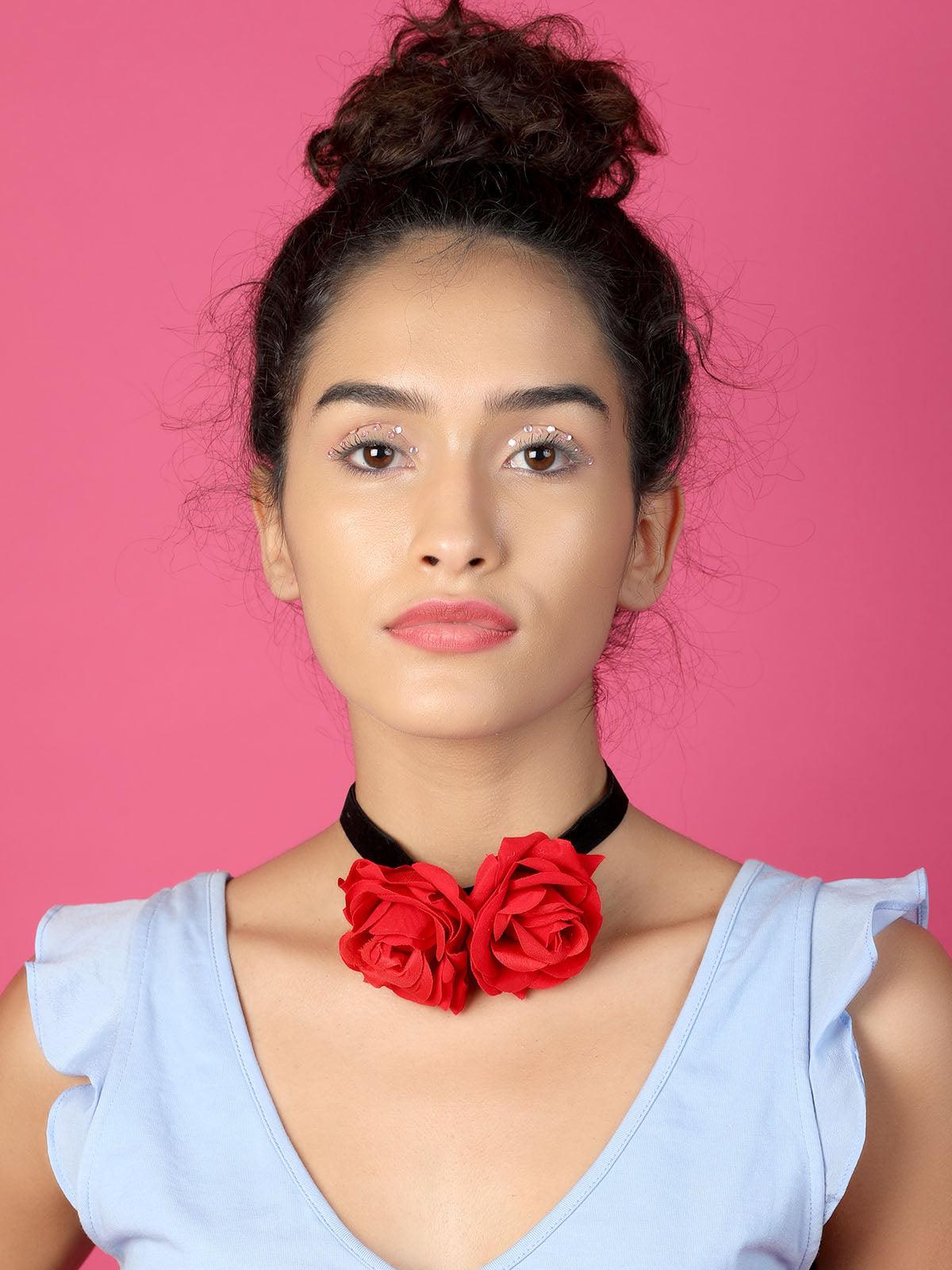 Odette Women Black Red Double Rose Embellished Neckpiece