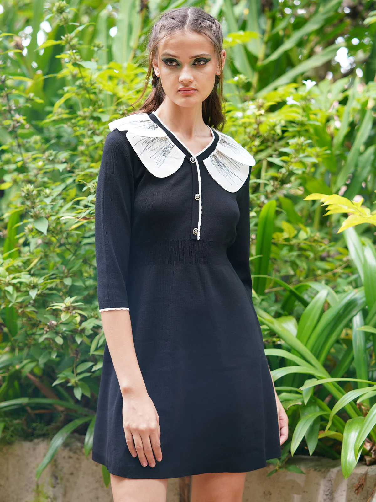Odette Women Black Rib With Polyester Solid Stitched Dress