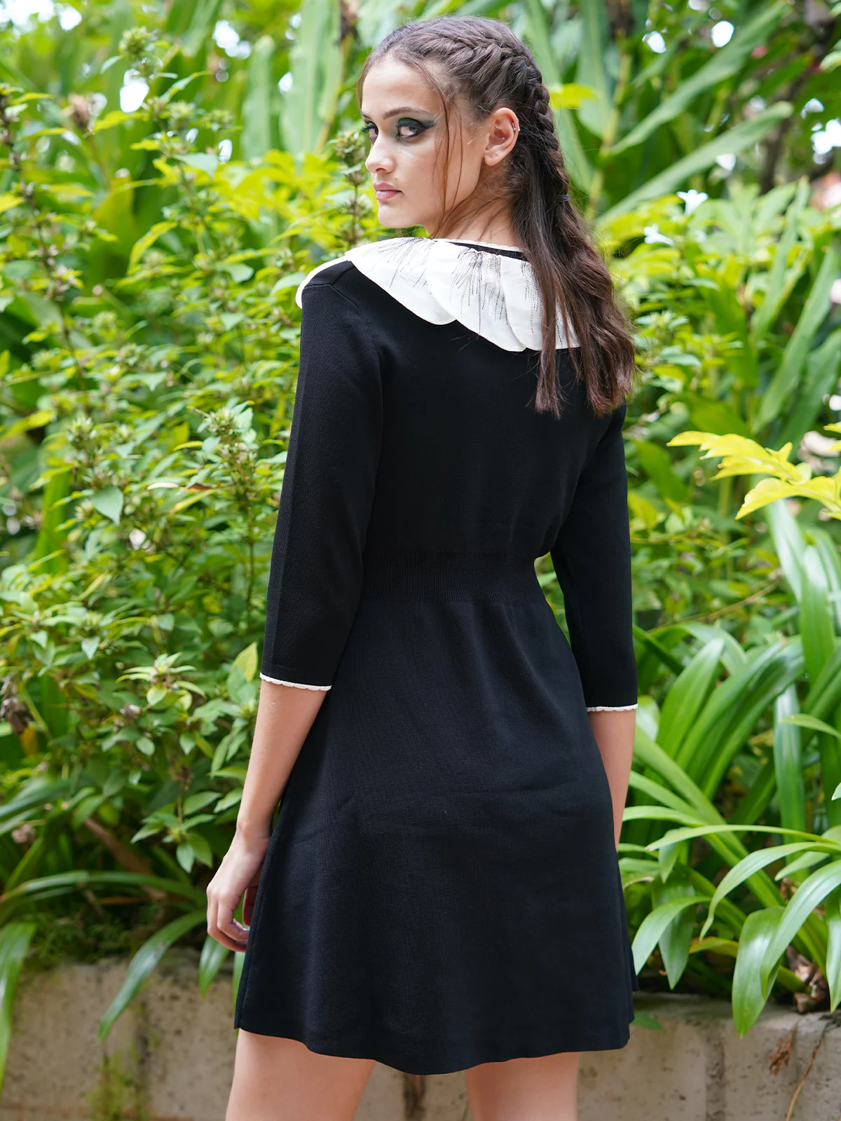 Odette Women Black Rib With Polyester Solid Stitched Dress - Image 4