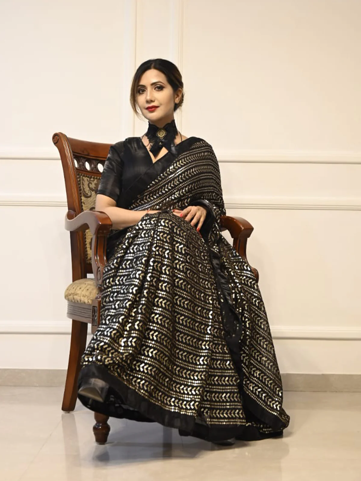 Odette Women Black Sequin Georgette Saree With Unstitched Blouse - Image 3