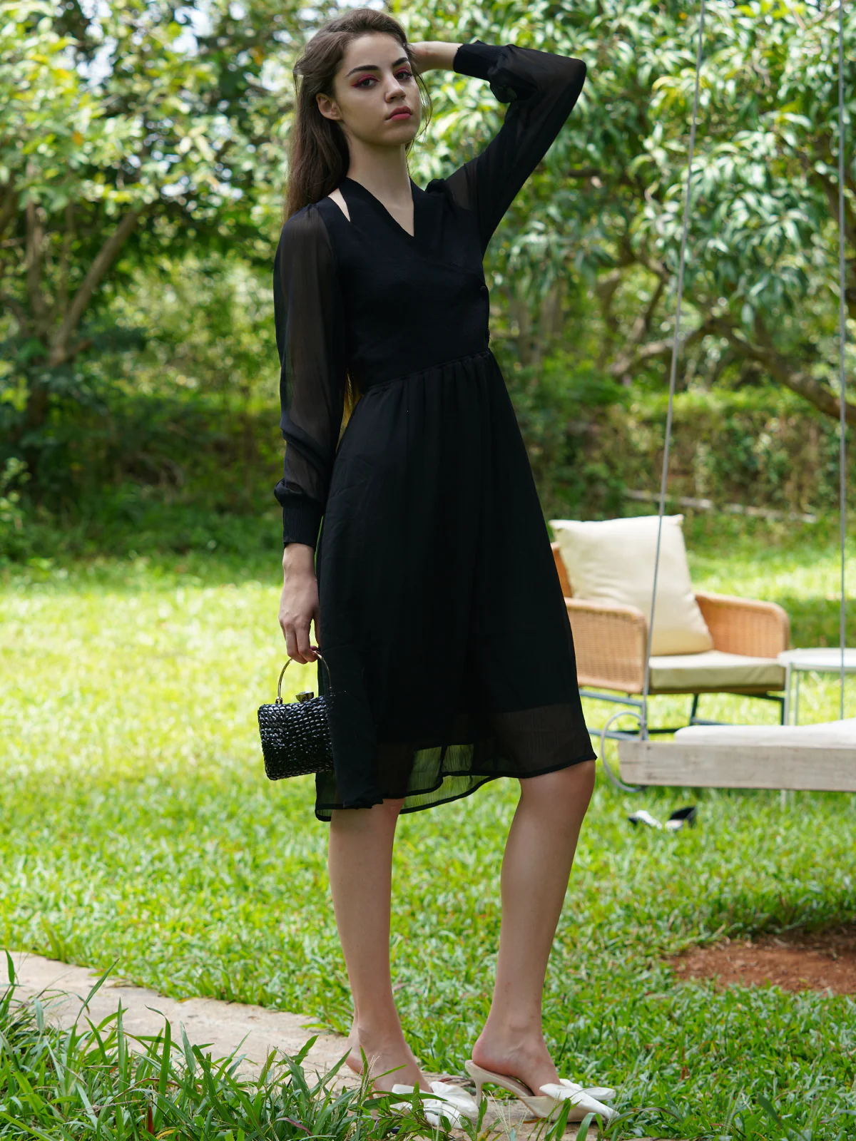 Odette Women Black Solid Rib With Chiffon Stitched Dress - Image 2