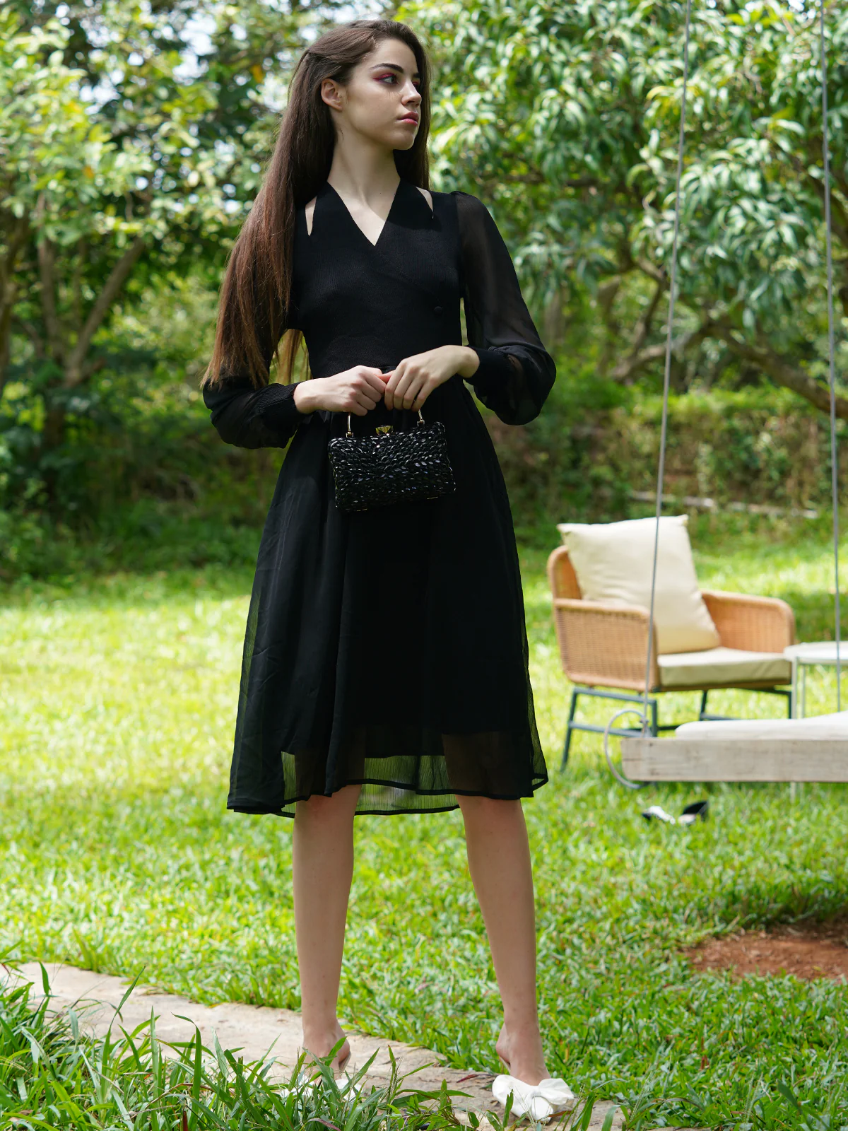Odette Women Black Solid Rib With Chiffon Stitched Dress - Image 3