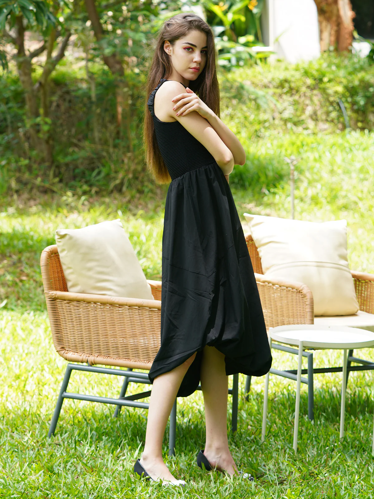 Odette Women Black Tafetta With Polyester Rib Solid Dress - Image 3