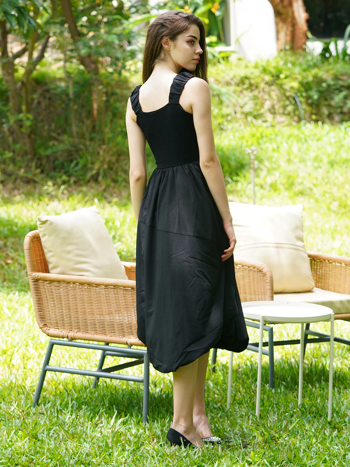 Odette Women Black Tafetta With Polyester Rib Solid Dress - Image 4