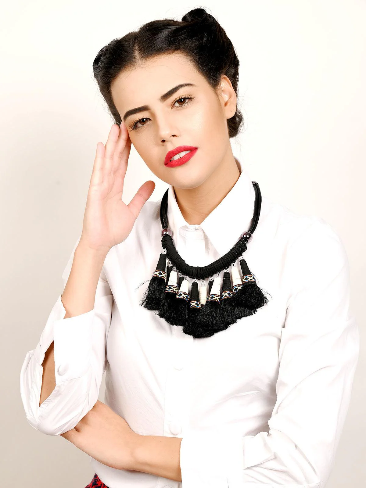 Odette Women Black Tale Tassels Necklace Set - Image 2