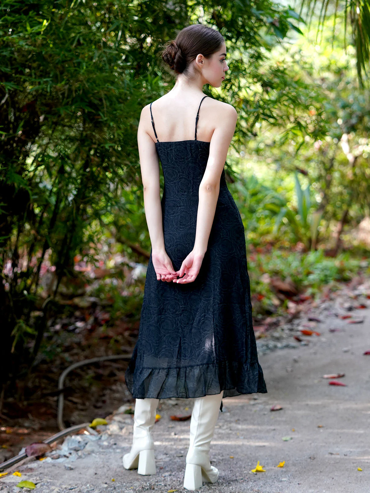 Odette Women Black Textured Printed Polyester Stitched Dress - Image 3