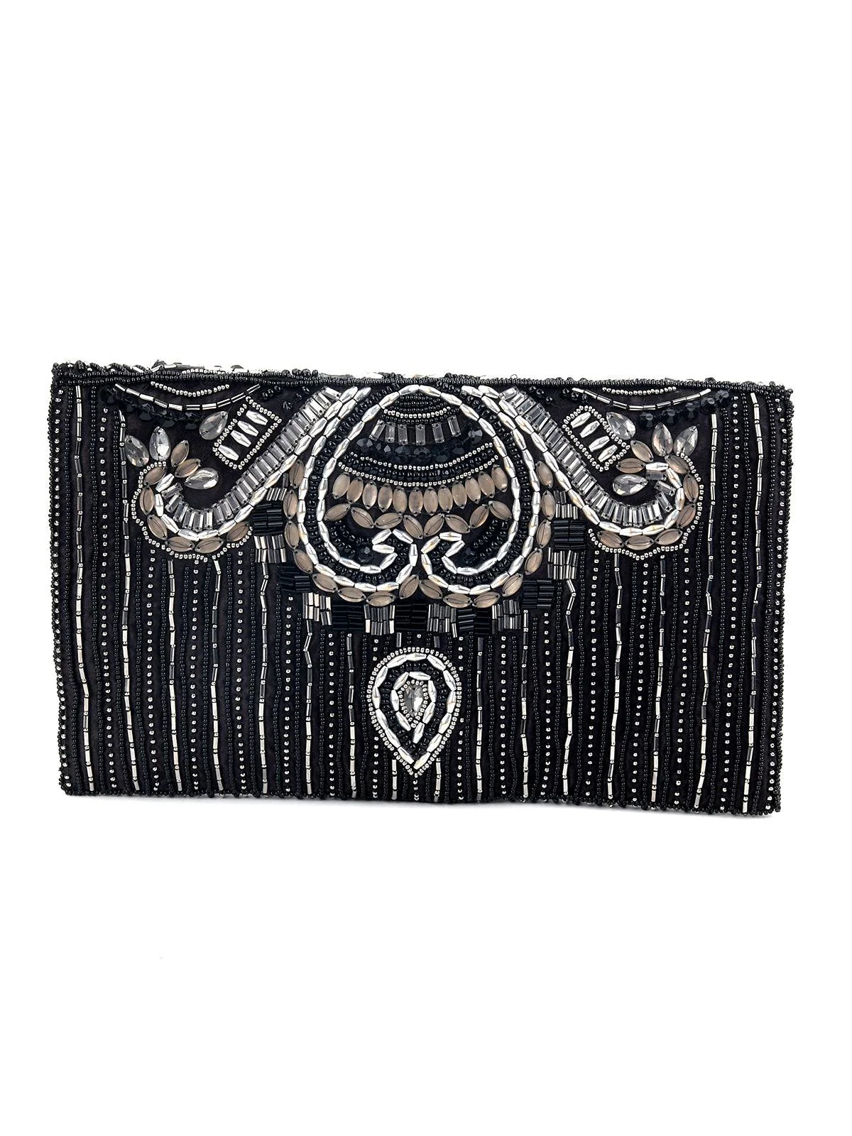 Odette Women Black Trendy Beaded Envelope Clutch - Image 3