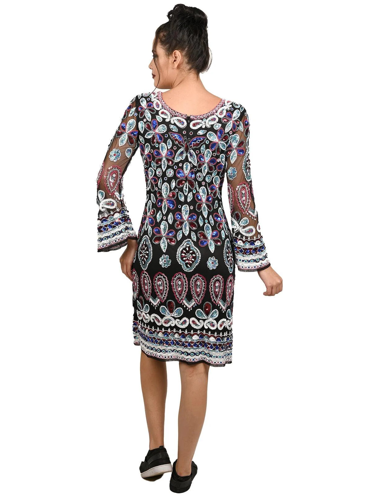 Odette Women Black V-Neck Sequin Embroidered Mini Stitched Dress - Image 3