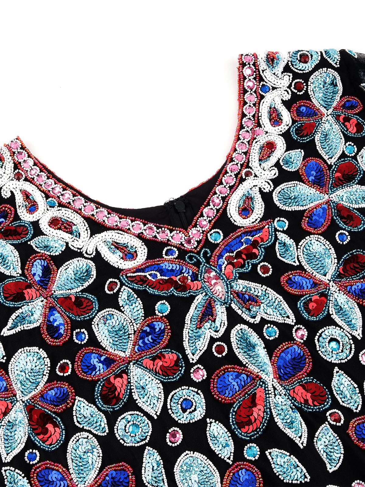 Odette Women Black V-Neck Sequin Embroidered Mini Stitched Dress - Image 7