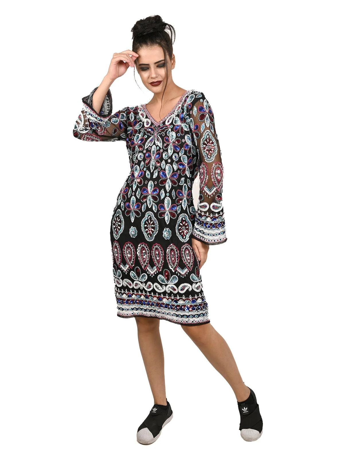Odette Women Black V-Neck Sequin Embroidered Mini Stitched Dress - Image 9