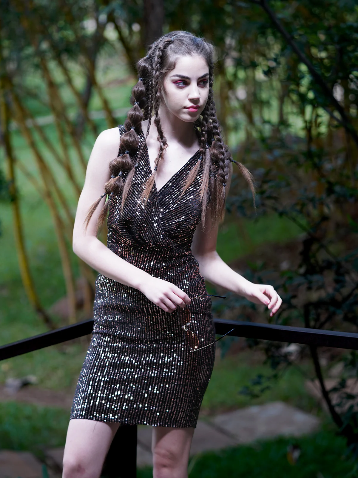 Odette Women Black Velvet And Sequins Stitched Dress - Image 3