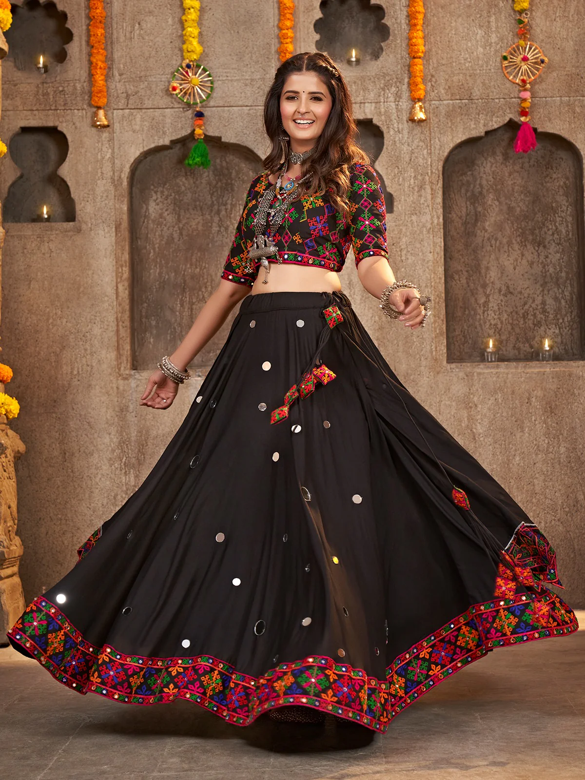 Odette Black Viscose Rayon Embroidered Semi Stitched Lehenga Choli For Women - Image 2