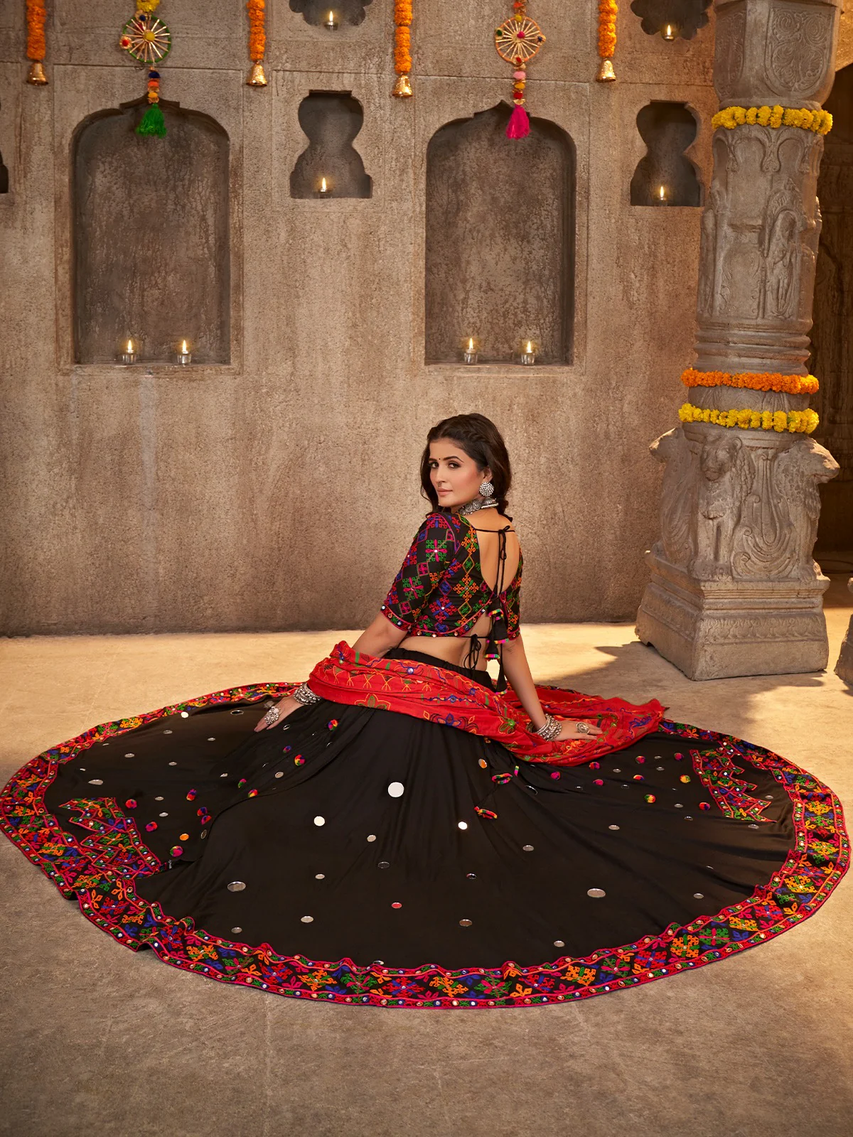 Odette Black Viscose Rayon Embroidered Semi Stitched Lehenga Choli For Women - Image 3