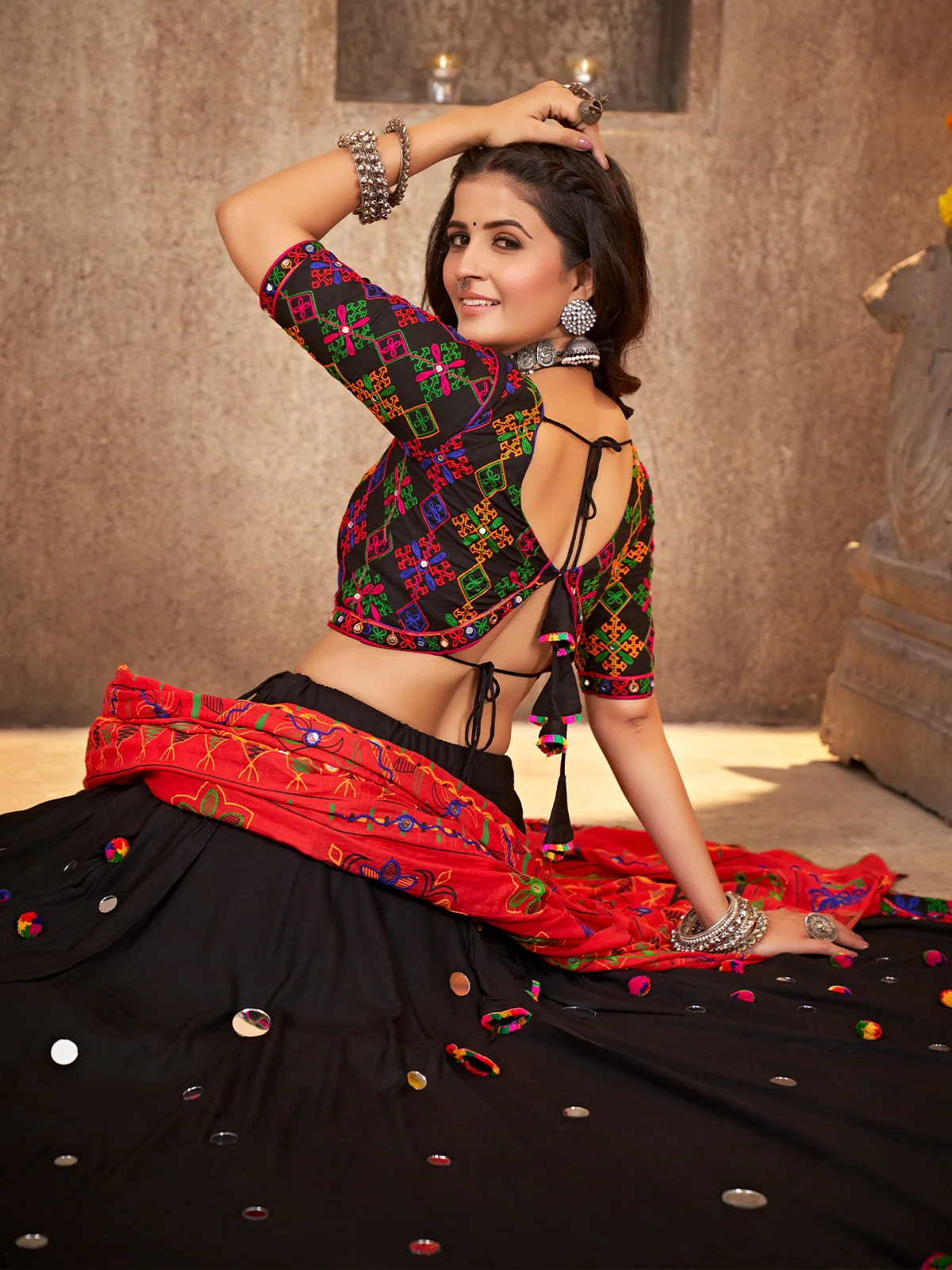 Odette Black Viscose Rayon Embroidered Semi Stitched Lehenga Choli For Women - Image 5