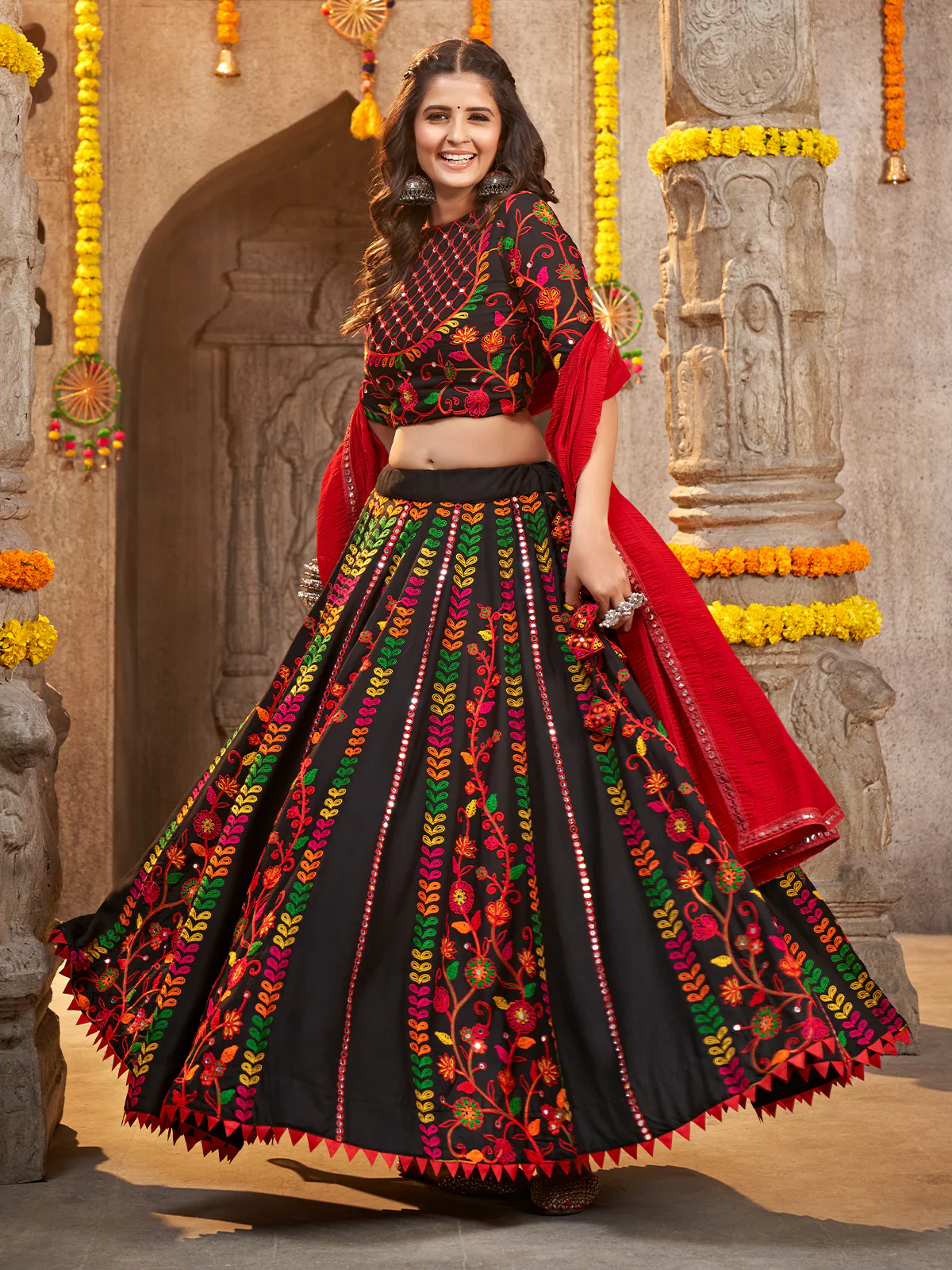 Odette Black Viscose Rayon Embroidered Semi Stitched Lehenga Choli For Women - Image 2