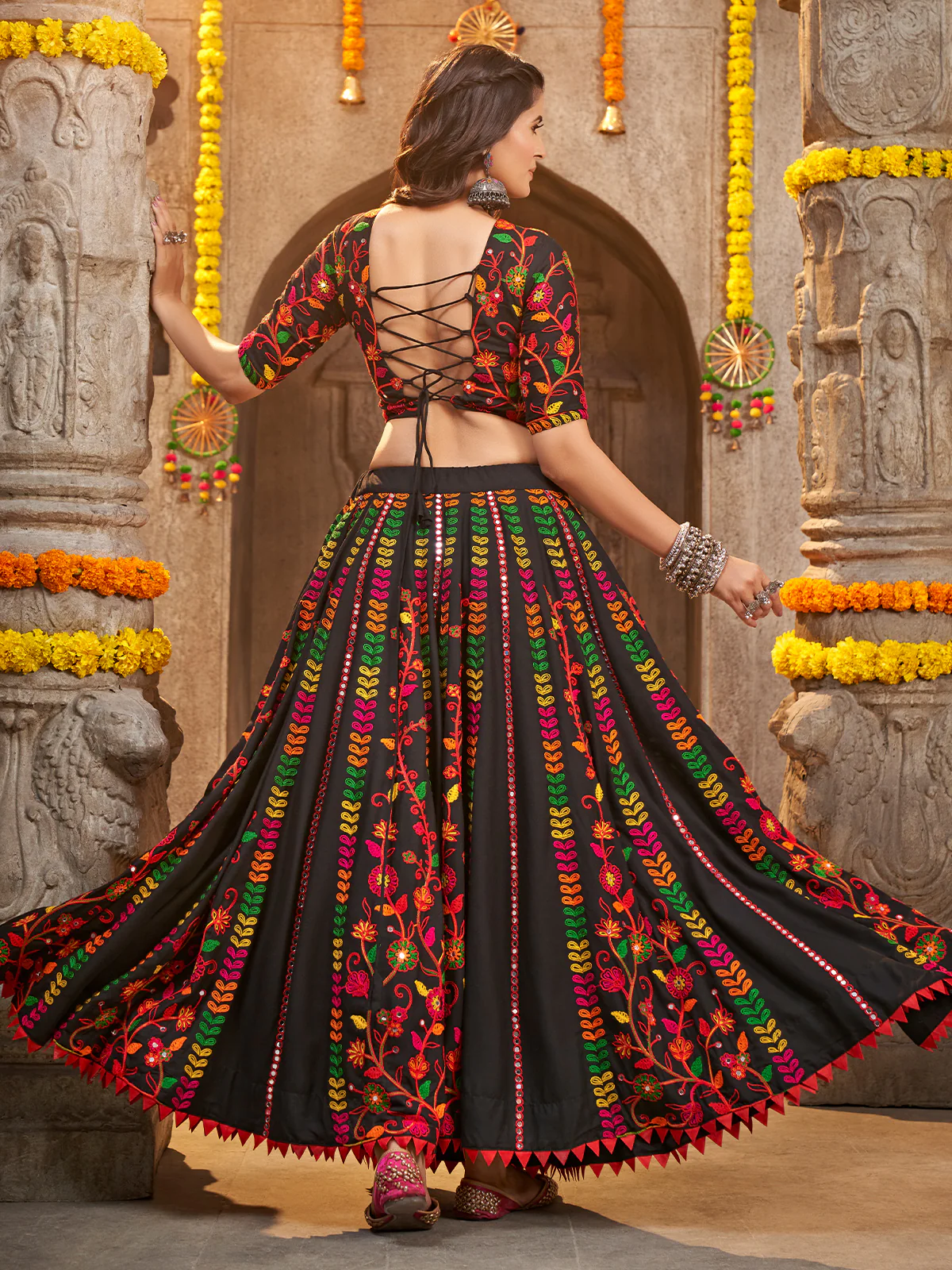 Odette Black Viscose Rayon Embroidered Semi Stitched Lehenga Choli For Women - Image 3