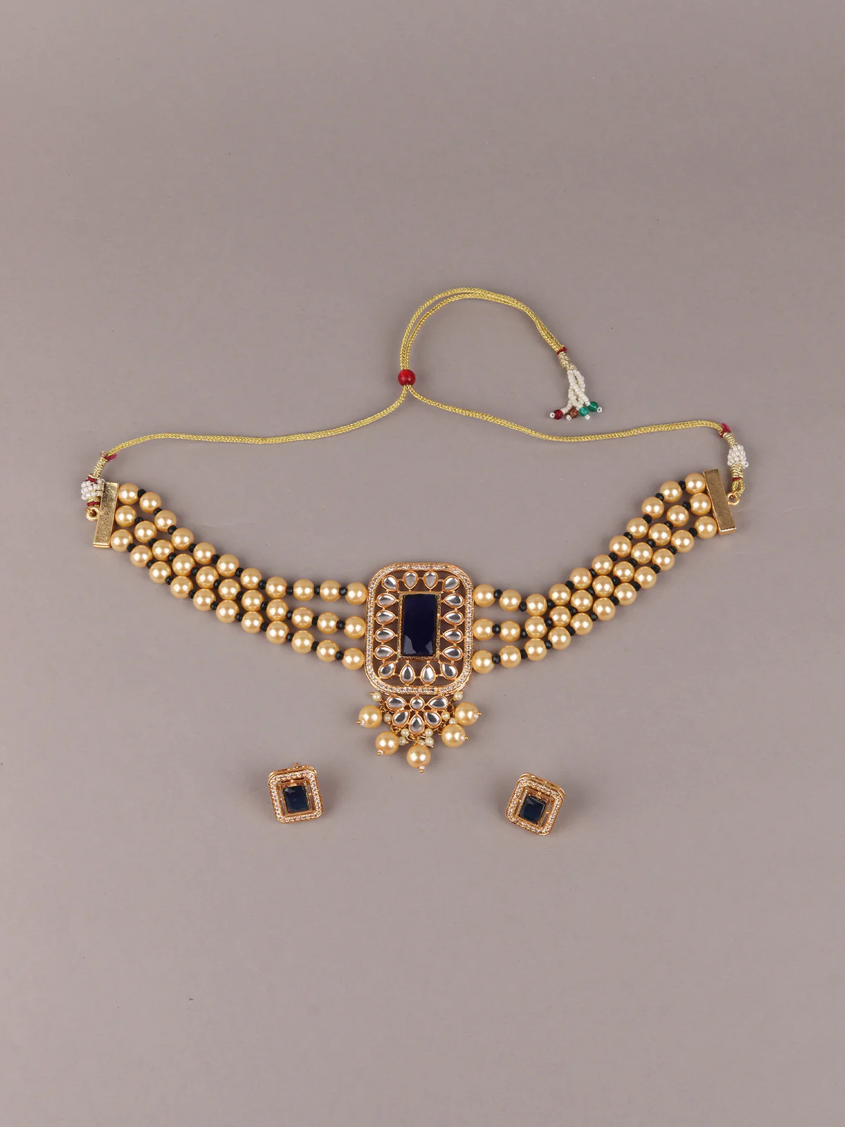 Odette Blue And Gold Pearl And Kundan Necklace Set For Women - Image 3