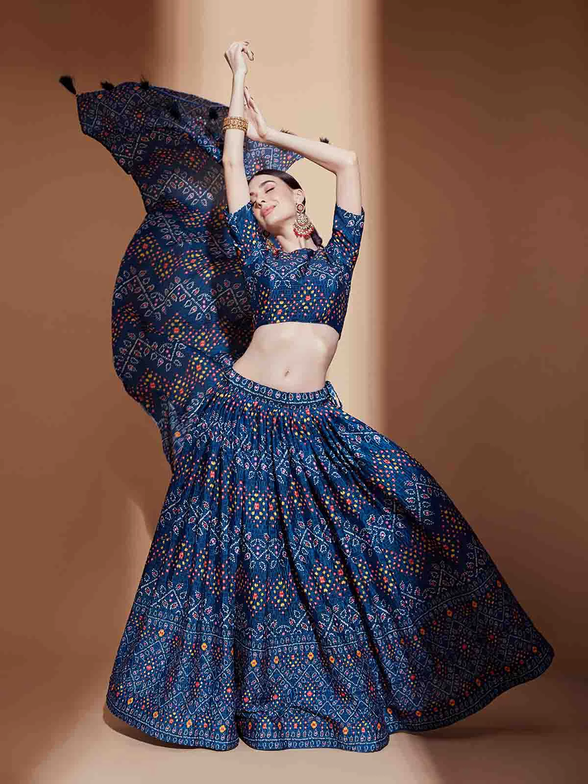 Odette Women Blue Chinon Semi Stitched Lehenga With Unstitched Blouse - Image 2