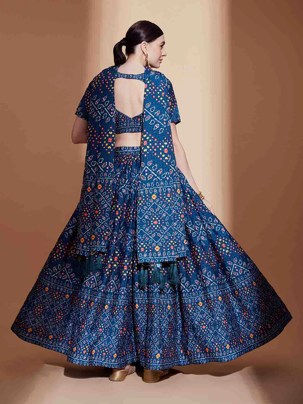 Odette Women Blue Chinon Semi Stitched Lehenga With Unstitched Blouse - Image 3