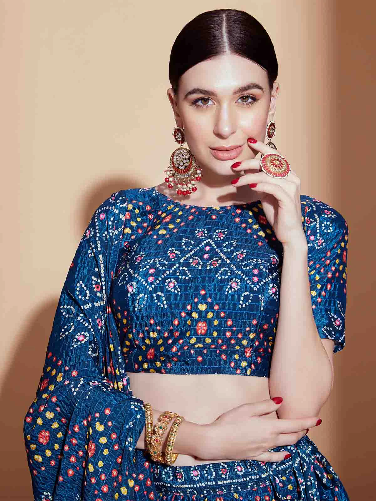 Odette Women Blue Chinon Semi Stitched Lehenga With Unstitched Blouse - Image 4