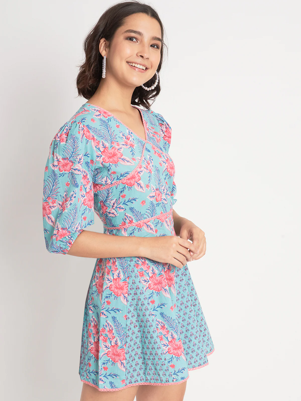 Odette Women Blue Cotton Floral Prtinted Indo Western Dress - Image 4