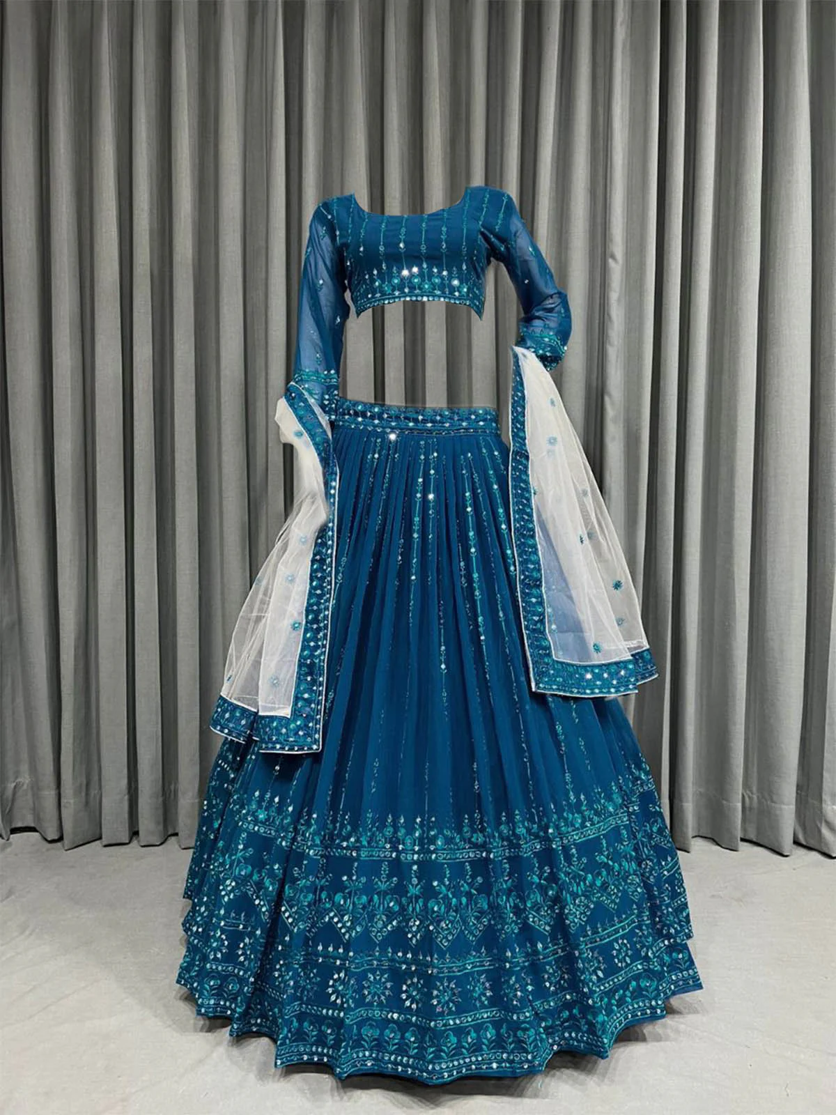 Odette Women Blue Designer Georgette Semi Stitched Lehenga With  Unstitched Blouse - Image 3