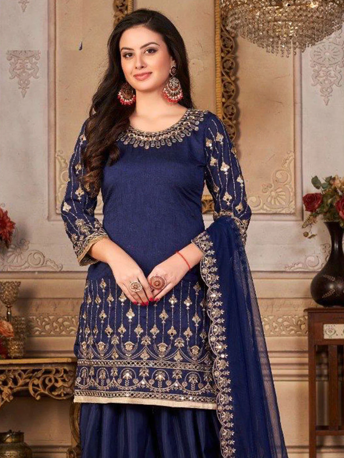 Odette Women Dark Blue Embroidered Faux Georgette Patiala Semi Stitched Suit - Image 2