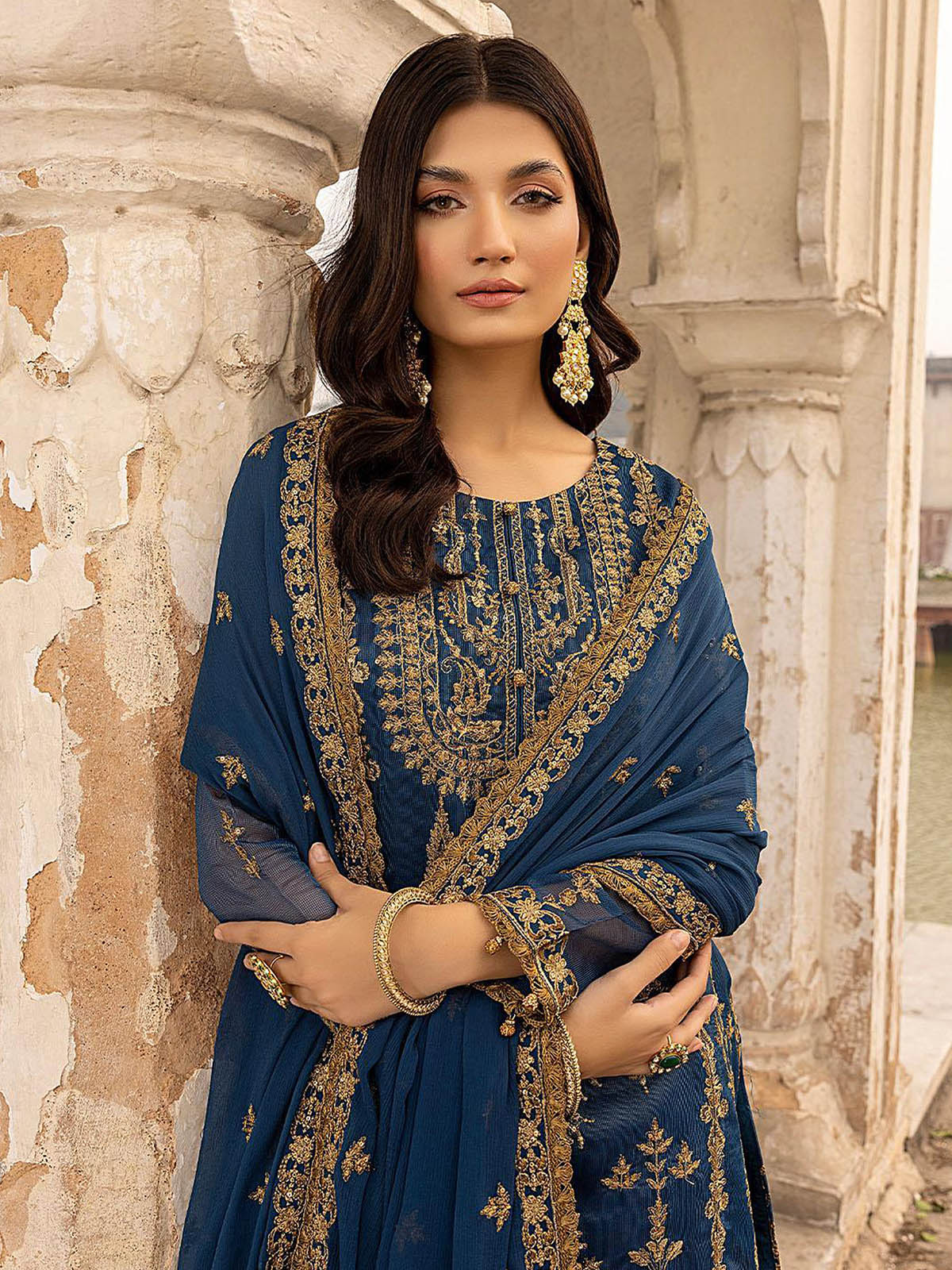 Odette Women Blue Embroidered Georgette Semi Stitched Salwar Suit - Image 2