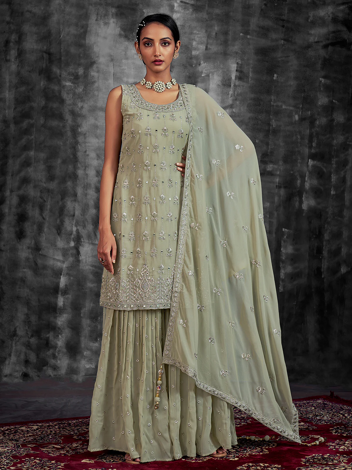 Odette Women Green Embroidered Partywear Stitched Kurta Set