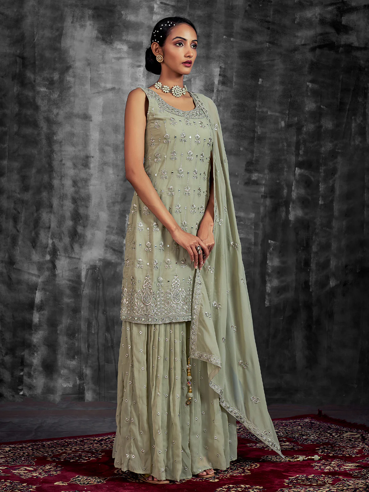Odette Women Green Embroidered Partywear Stitched Kurta Set - Image 2