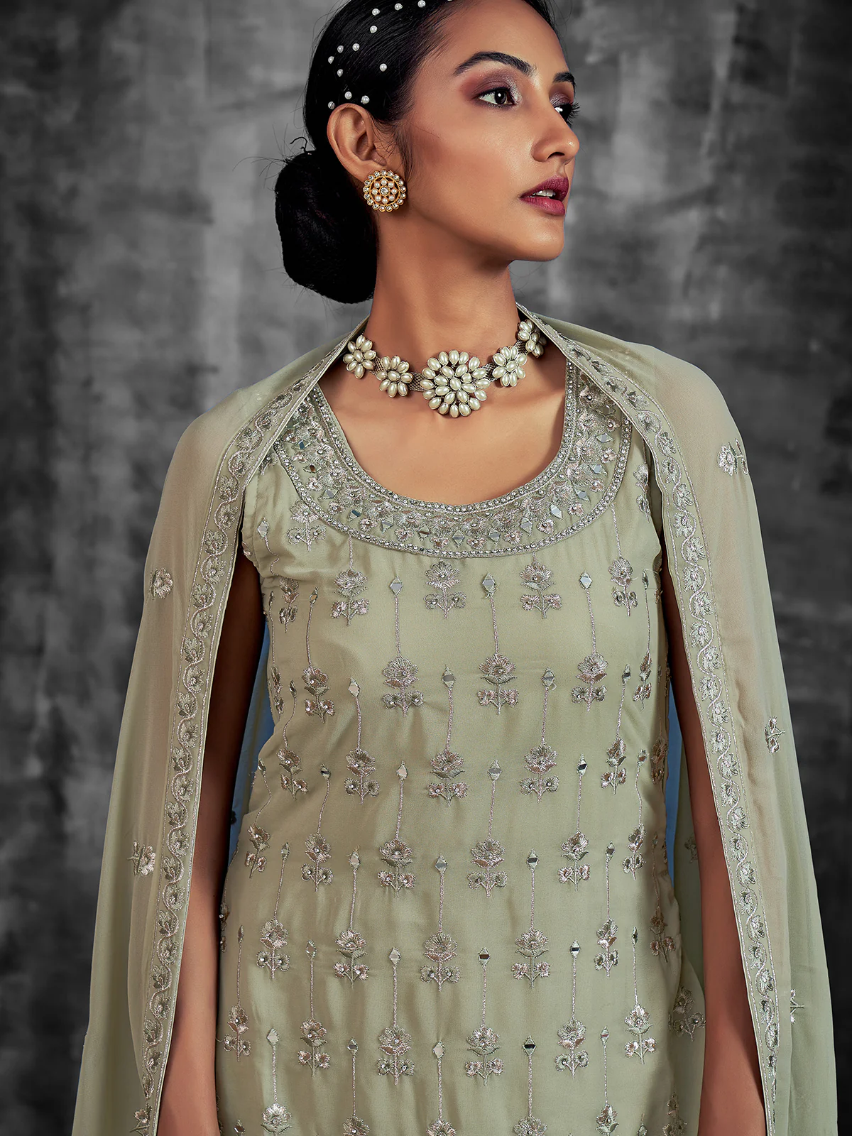 Odette Women Green Embroidered Partywear Stitched Kurta Set - Image 3
