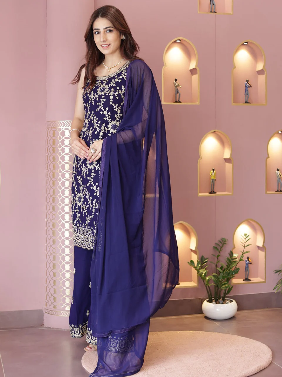 Odette Women Blue Faux Georgette Embroidered Semi Stitched Palazzo Suit - Image 3