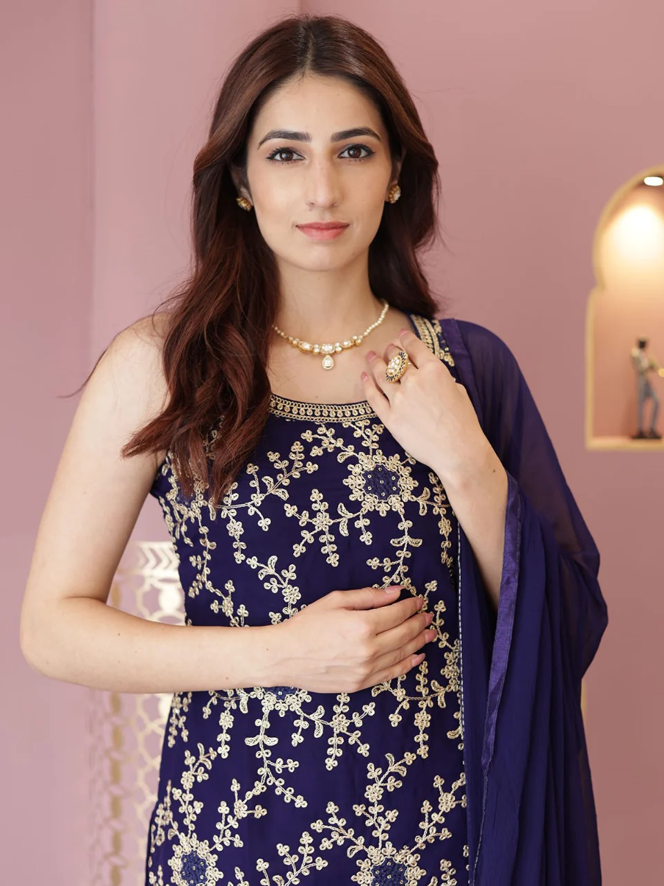 Odette Women Blue Faux Georgette Embroidered Semi Stitched Palazzo Suit - Image 4